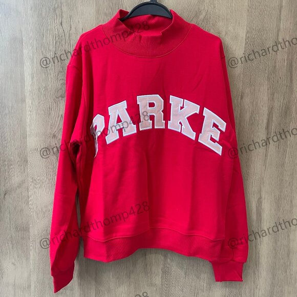 Parke Tops - PARKE Red Mock Neck Sweatshirt Oversized Varsity Logo Crewneck